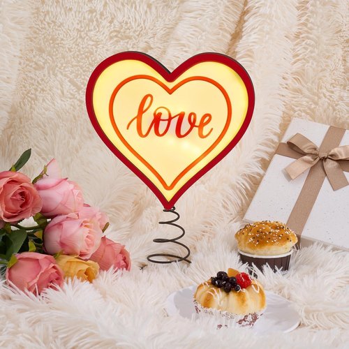 ARQRHTLY 11 Inch Light up Heart Tree Topper Wooden Heart Tabletop Decoration with Warm LED Light Battery Operated Romantic Love Sign for Wedding Anniversary Mother's Day Romantic Night Bedroom Home