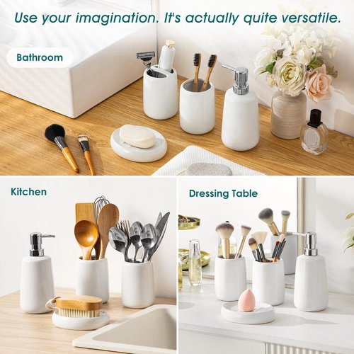 vancasso White Bathroom Accessories Set, Ceramic Soap Dispenser and Toothbrush Holder Sets, Stoneware 4 Pcs Bathroom Sink Set for Modern Home Decor