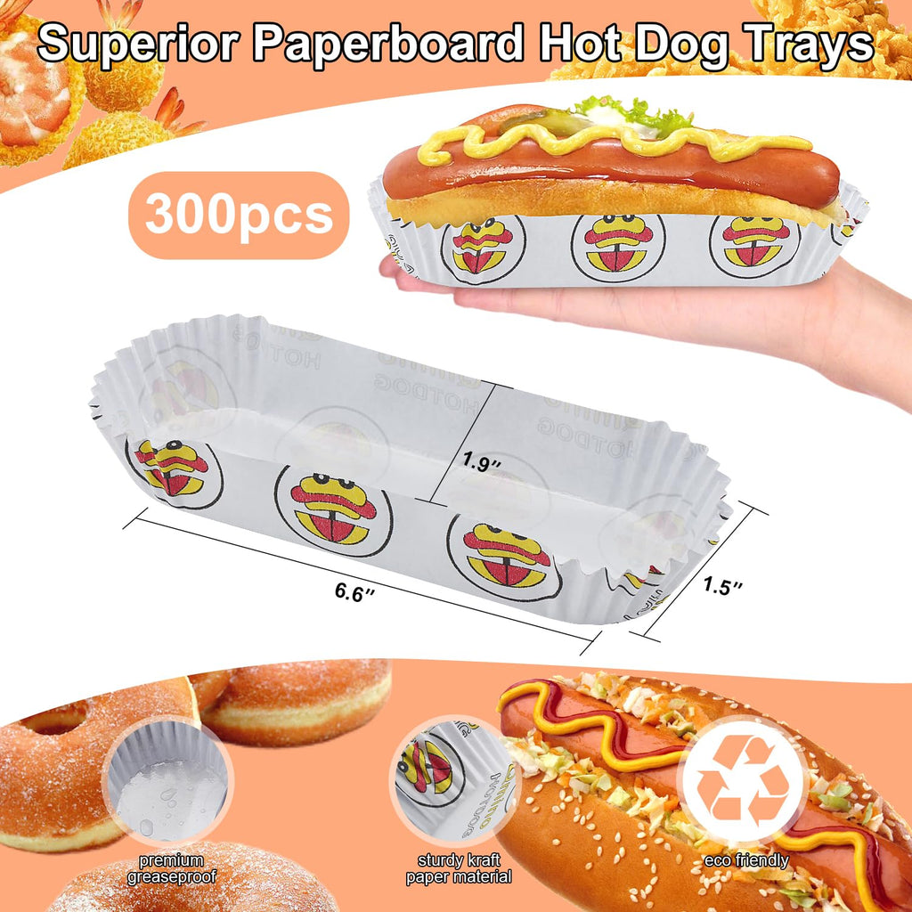 Qmino 300Pcs Hot Dog Trays, 6'' Paper Food Trays Eco Friendly, Boats Rectangular Fluted Hot Dog Tray, Disposable Food Tray Hot Dog Cart Accessories for Takeout Food