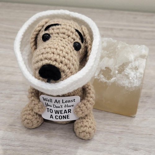 Cotinna Well At Least You Don’t Have to Wear a Cone – Funny and Thoughtful Crochet Dog Gift – 4.5" Handmade Plush for Surgery Recovery, Vasectomy Humor, or Quirky Retirement Gift