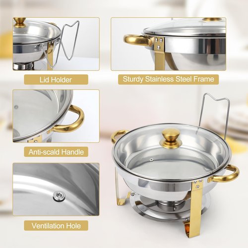 GarveeHome Chafing Dish Buffet Set 2 Pack 5 QT, Stainless Steel Round Chafing Dishes for Buffet With Lid Holder & Glass Lid, Buffet Servers and Warmers for Parties, Wedding, Camping, Dinner, Gold