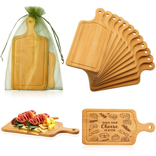 Nuenen 30 Pcs Mini Wooden Charcuterie Board Bulk, Small Wood Cutting Board for Crafts Laser Engraving with Knives Organza Bags Wedding Baby Shower Favors Gift (Square,Bamboo Color)