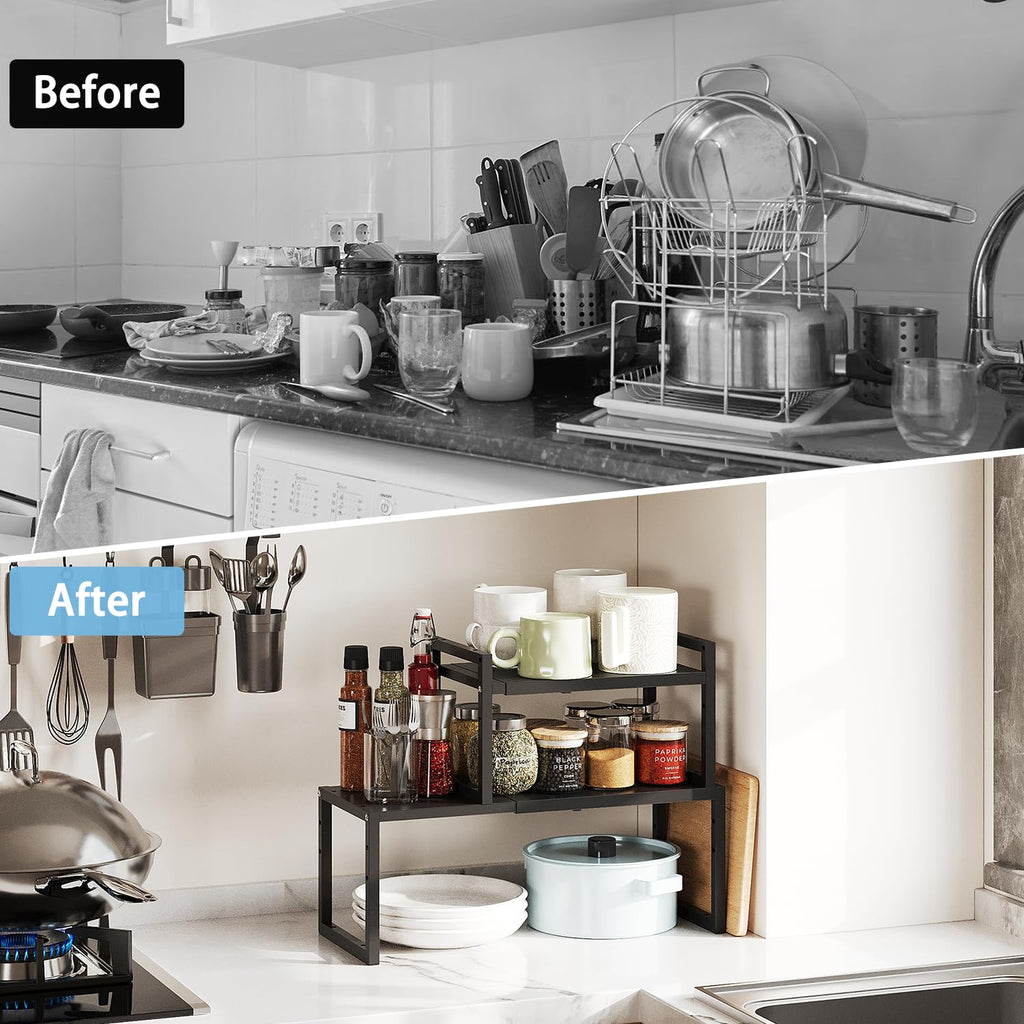 2 Pack Expandable Kitchen Cabinet Shelves Organizer,Heavy Duty Metal Shelving Units and Storage,Stackable Adjustable Kitchen Storage Organization Shelves Rack for Counter Cupboard Pantry,Length:20.5"