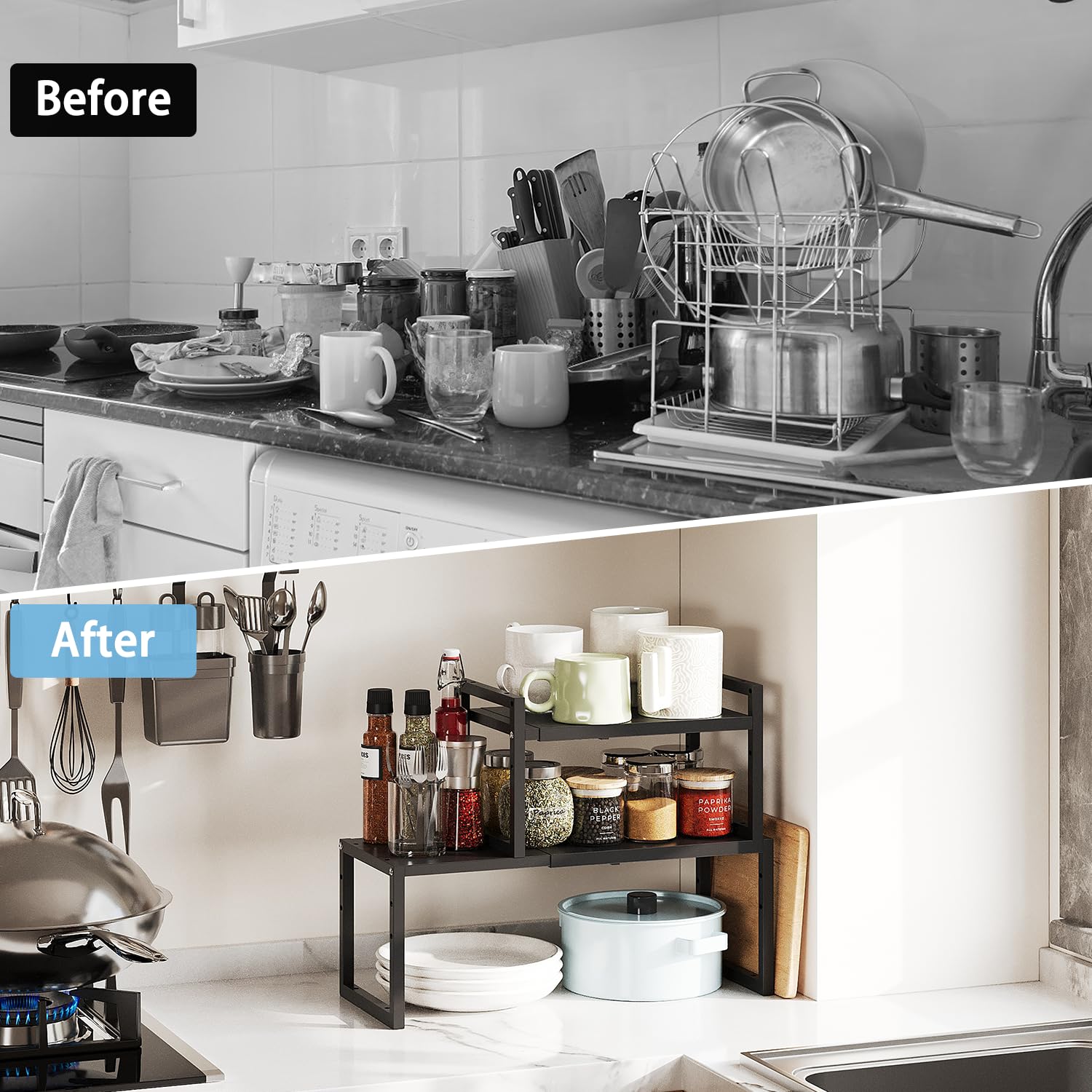 2 Pack Expandable Kitchen Cabinet Shelves Organizer,Heavy Duty Metal Shelving Units and Storage,Stackable Adjustable Kitchen Storage Organization Shelves Rack for Counter Cupboard Pantry,Length:20.5"