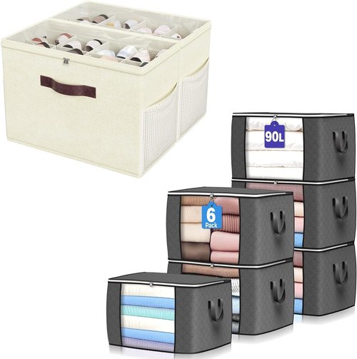 Budding Joy 90L Large Storage Bags - 6 Pack Foldable Closet Organizers & 2 Pack Clear Shoe Organizers