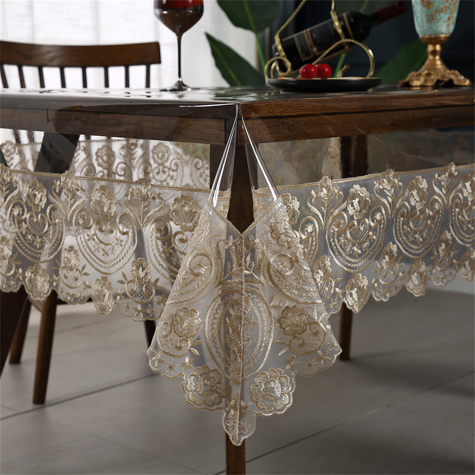 Clear Plastic Waterproof Tablecloth, Vinyl PVC Rectangle Table Cloth with Lace Macrame, Oil Spill Proof, Table Cover for Dining Tables, Parties and Holidays (Champagne, 60 x 106 Inch)