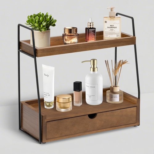 2-Tier Bathroom Organizer Countertop with Drawer, Wood Counter Organizer for Bathroom Decor, Sink Shelf for Vanity Storage, Makeup Tray for Perfume Skincare Bedroom Kitchen Corner