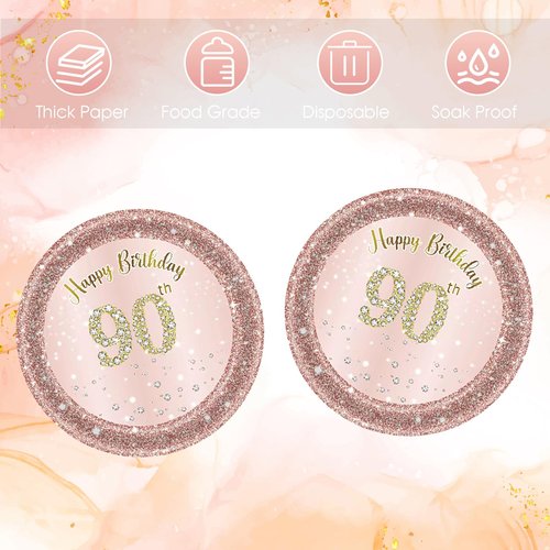 Fitoyplak 90th Birthday Decorations,50Pcs 7" 90th Birthday Paperplates,Rose Gold 90 Years Party Tableware Cake Plates,for Happy 90th Anniversary Party Decorations Supplies