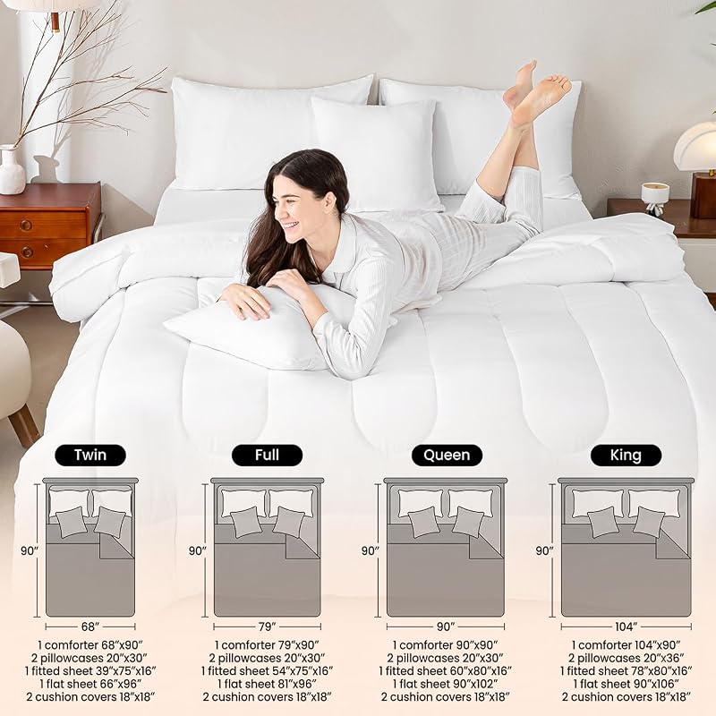 Feelyou 7-Piece Queen Comforter Set with Sheets (Pink/White/Green) - Microfiber Bedding
