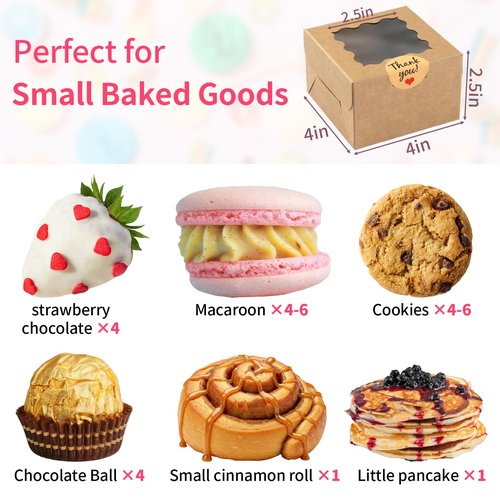 WINKIO 24pcs Brown Cookie Boxes, 4x4x2.5 Inches Bakery Boxes with Window, for Mini Cake Treat Dessert Pastry Donuts Macaroon Strawberries Chocolate Candy (with Stickers)