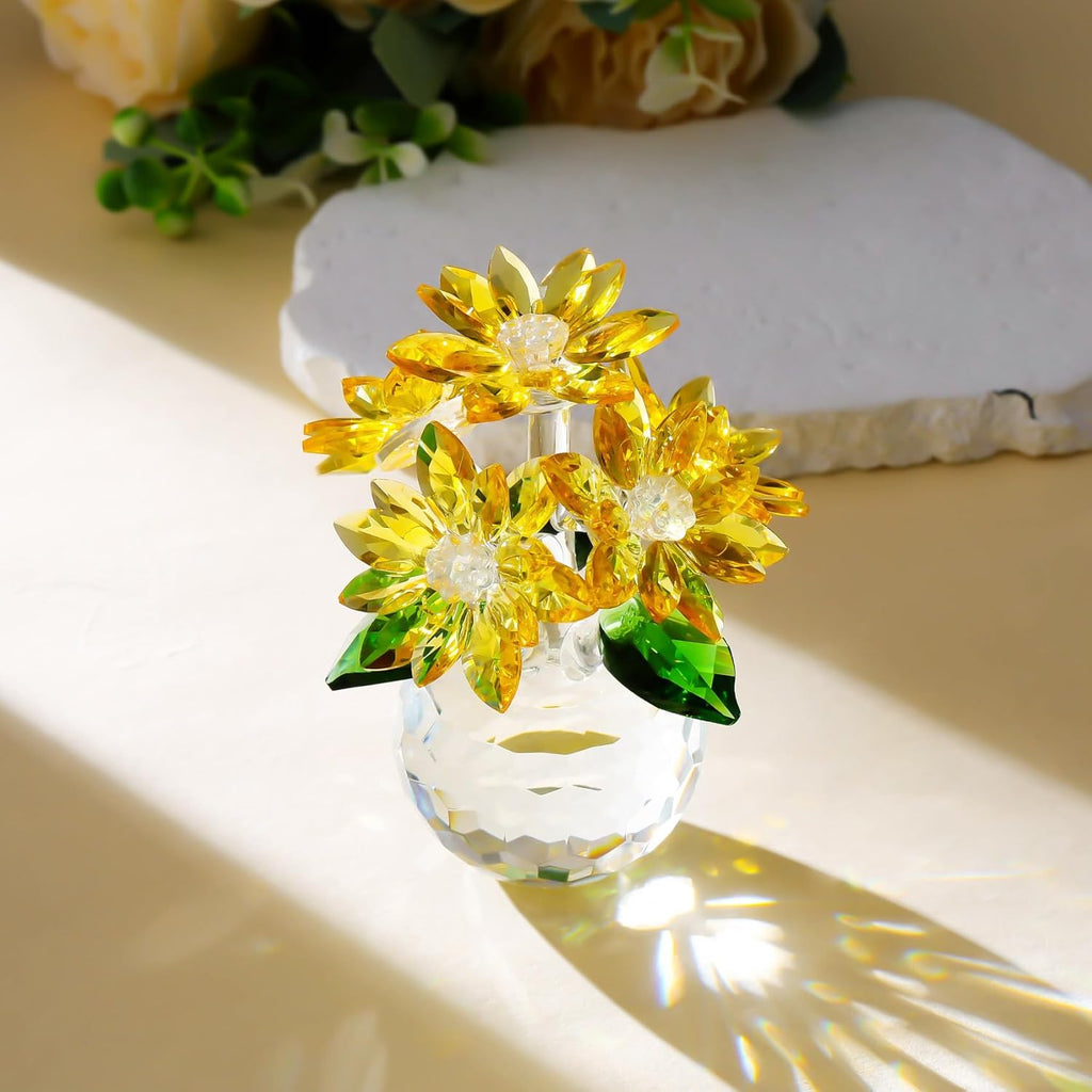 YWHL Handmade Yellow Crystal Flower Figurine - Elegant Glass Decoration Gift for Women | Perfect for Christmas, Valentine's Day, Weddings