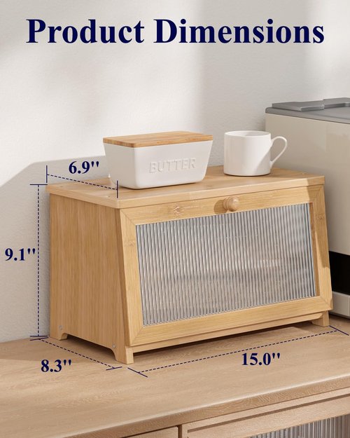 Kitsure Bamboo Bread Box Single Layer Kitchen Countertop Storage Organizer Natural Brown