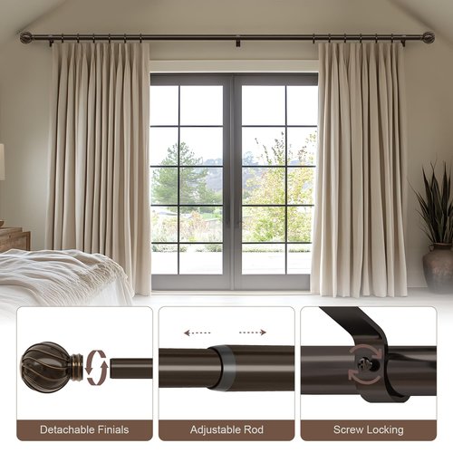 Bronze Curtain Rods for Windows 48 to 84 Inches Adjustable Length Heavy Duty 7/8" Diameter Brown Window Curtain Rod with Decorative Finials for Outdoor Farmhouse Bedroom Kitchen Living Room