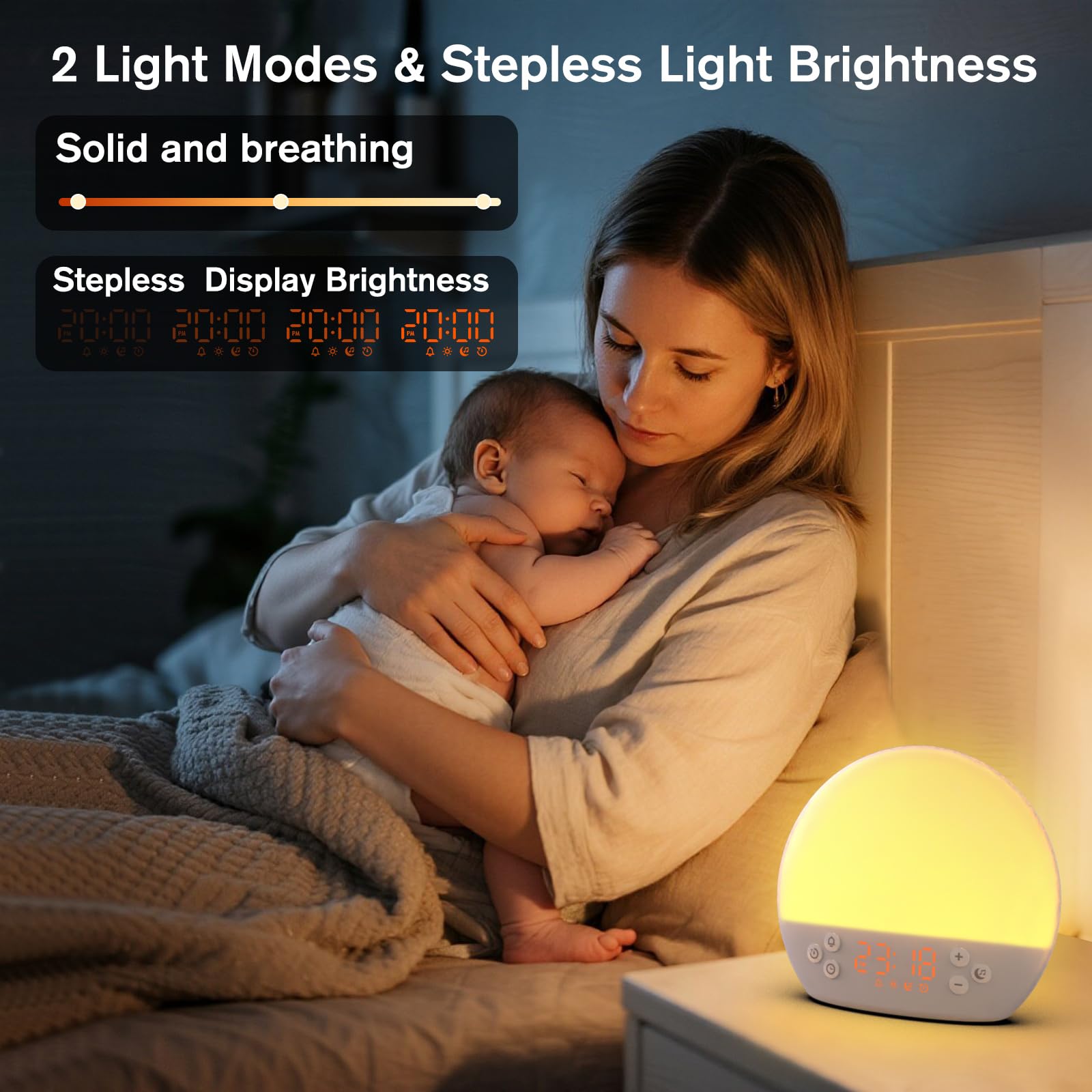 Wake up Light Sunrise Alarm Clock, Digital Alarm Clock Bedside Dimmable Night Light, White Noise Sound Machine 30 Soothing Sounds, Loud Alarm Clock for Heavy Sleepers Adults Kids, Ideal for Gift