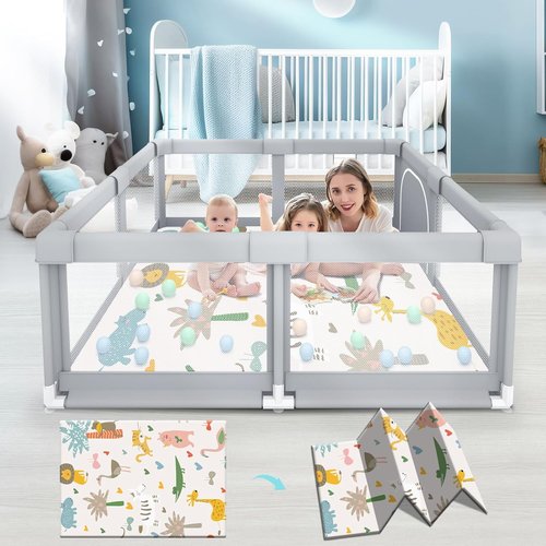 Fshibila Baby Playpen - Sturdy Indoor & Outdoor Safety Play Yard with Soft Mesh - 50" x 50" x 27" Grey