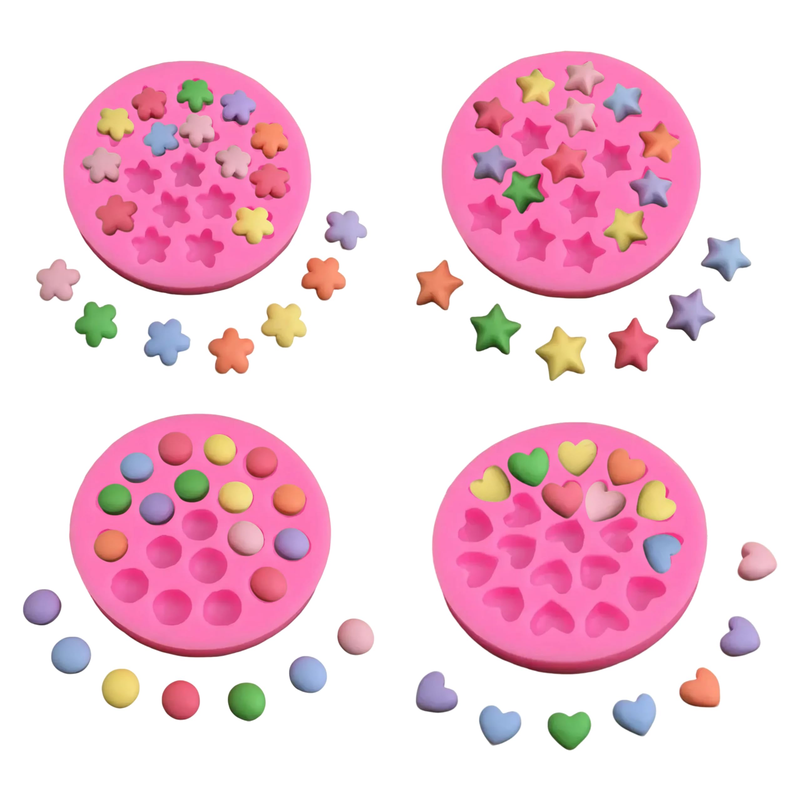 4Pcs Geometric Molds Silicone Chocolate Mold Set, Small Flower,Heart,Star and Semicircle Shapes Fondant Cake Molds, Polymer Clay Resin Mold for Baking and Cake Cupcake Decorating (Pink)
