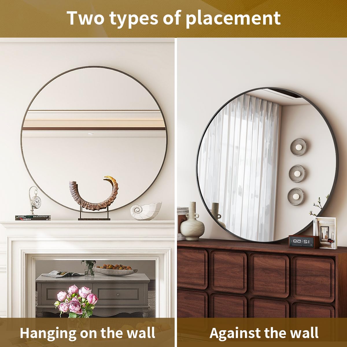 VETROVUE Black Round Mirror, 24 Inch Circle Bathroom Mirror with Metal Frame, Wall-Mounted for Entryway, Bathroom, Vanity, Living Room