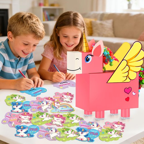 Gloween Valentines Day Boxes and Cards for Kids Classroom School Exchange, Great Valentines Gifts Party Favors for Boys Girls (1 Unicorn Box, 32 Valentine Cards, 1 Teacher Card)