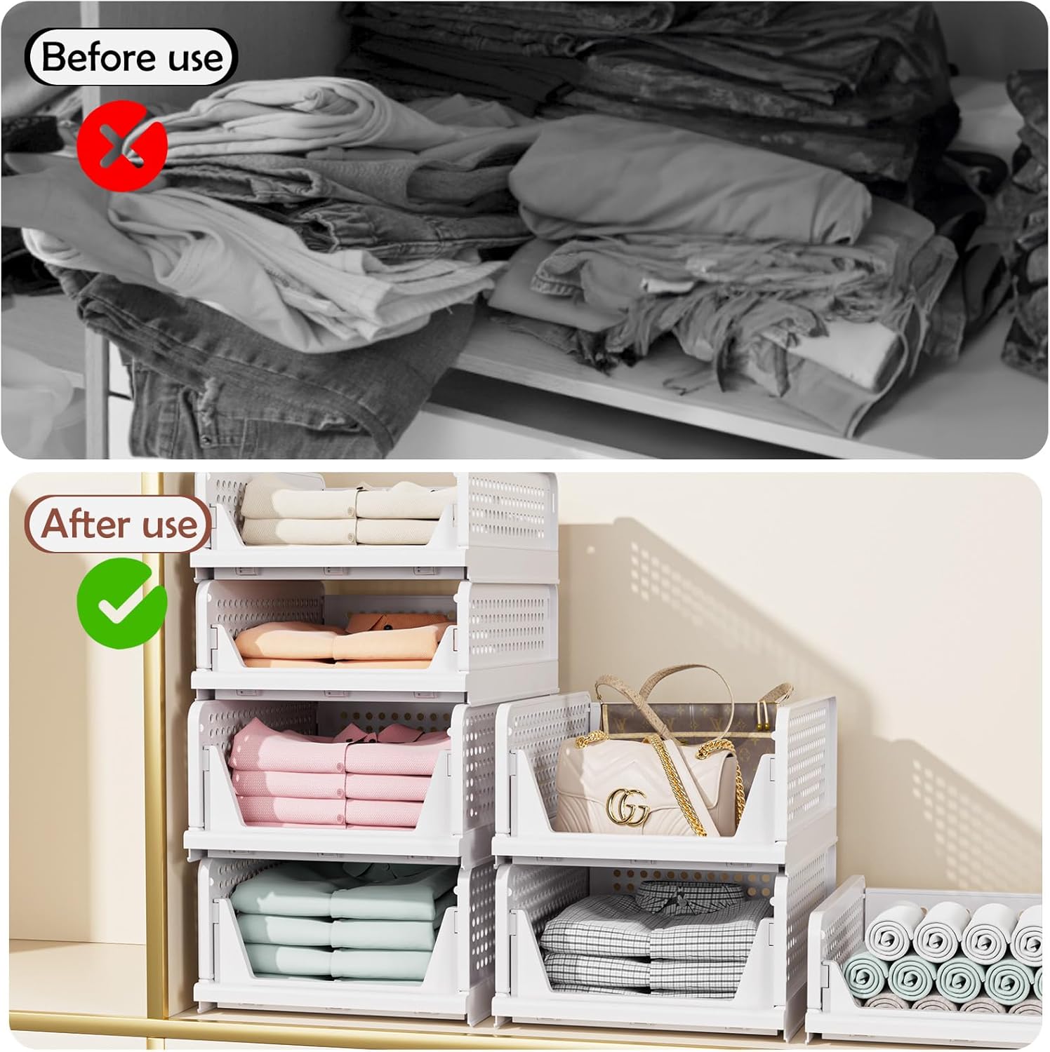 Skiennix Folding Closet Organizers - Stackable Storage Bins for Home & Office | White - 4L (4 Pack)