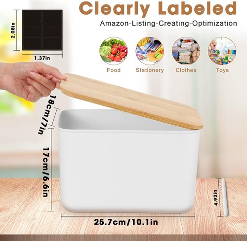 Geosar Storage Bins - 6 Pcs Stackable Plastic Containers with Bamboo Lids & Labels | 10.1x7x6.69 In (White)