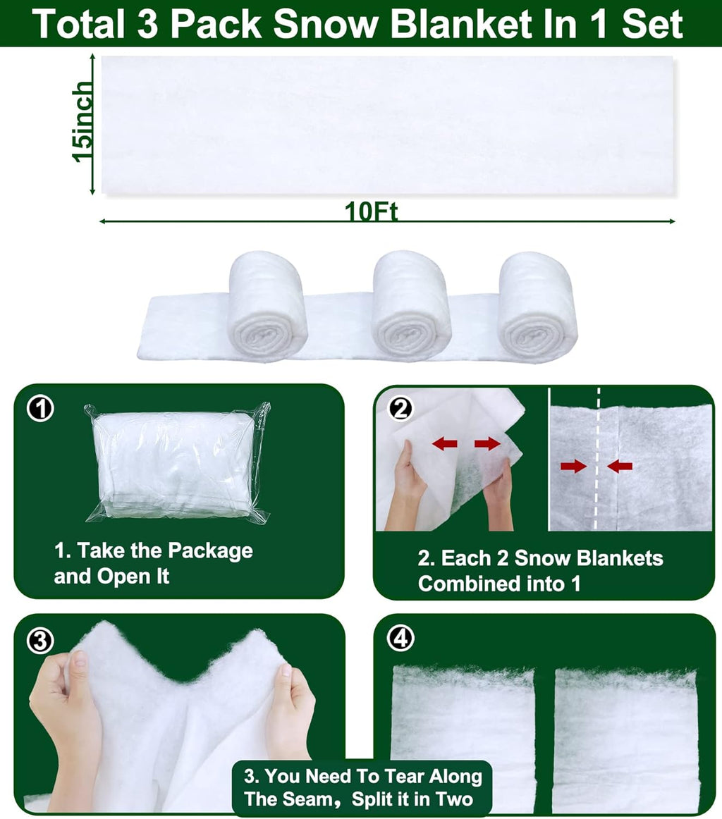 TURNMEON Christmas Snow Blanket Roll - 3 Pack of 10 Ft x 15 Inch Soft Artificial Snow for Holiday Decor