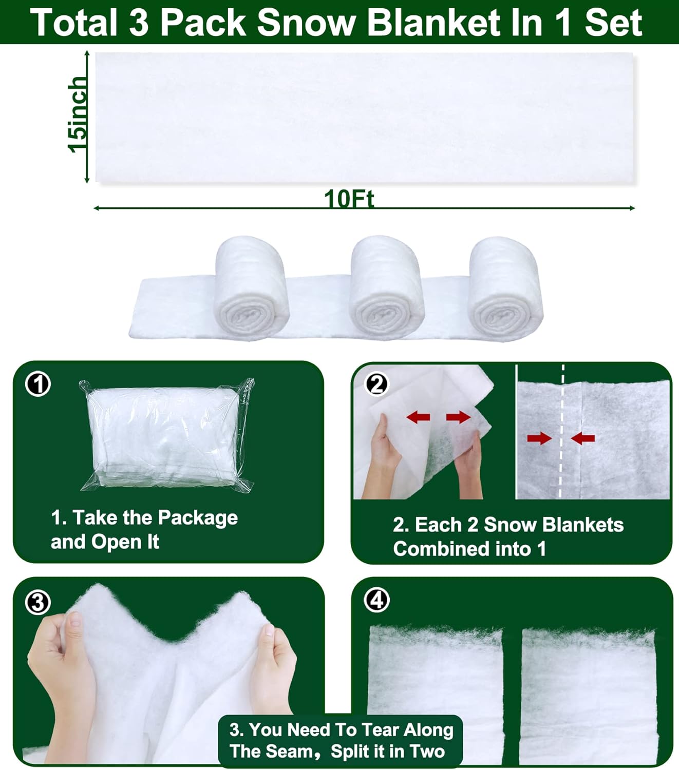TURNMEON Christmas Snow Blanket Roll - 3 Pack of 10 Ft x 15 Inch Soft Artificial Snow for Holiday Decor