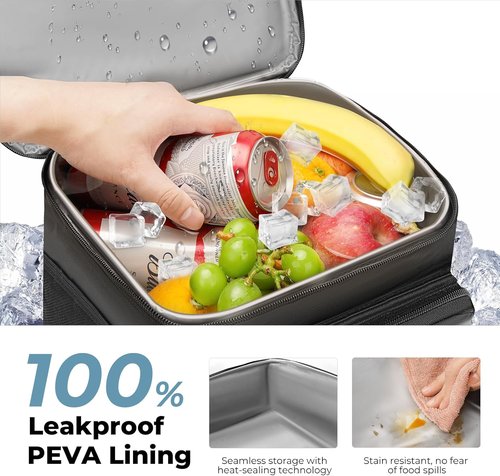 Insulated Lunch Box - Double Deck Leakproof Cooler Bag for Work & Travel | Large 15L Black