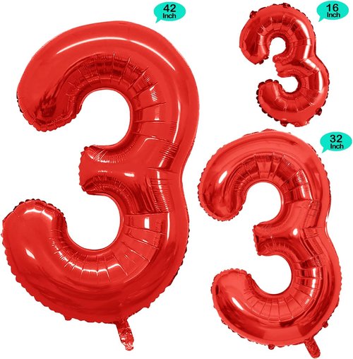 GOER Red Foil Number 1 Balloons - Huge 42 Inch & 32 Inch for 3rd Birthday Party Decorations (3 Pcs)