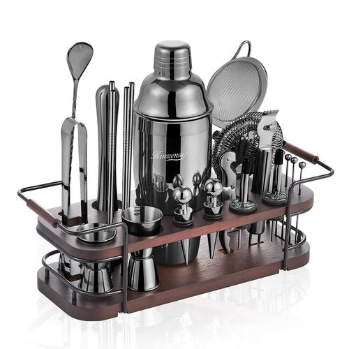 KITESSENSU Cocktail Shaker Set Bartender Kit with Stand | Complete 24-Piece Bar Set Cocktail Kit with All Bar Accessories, Black