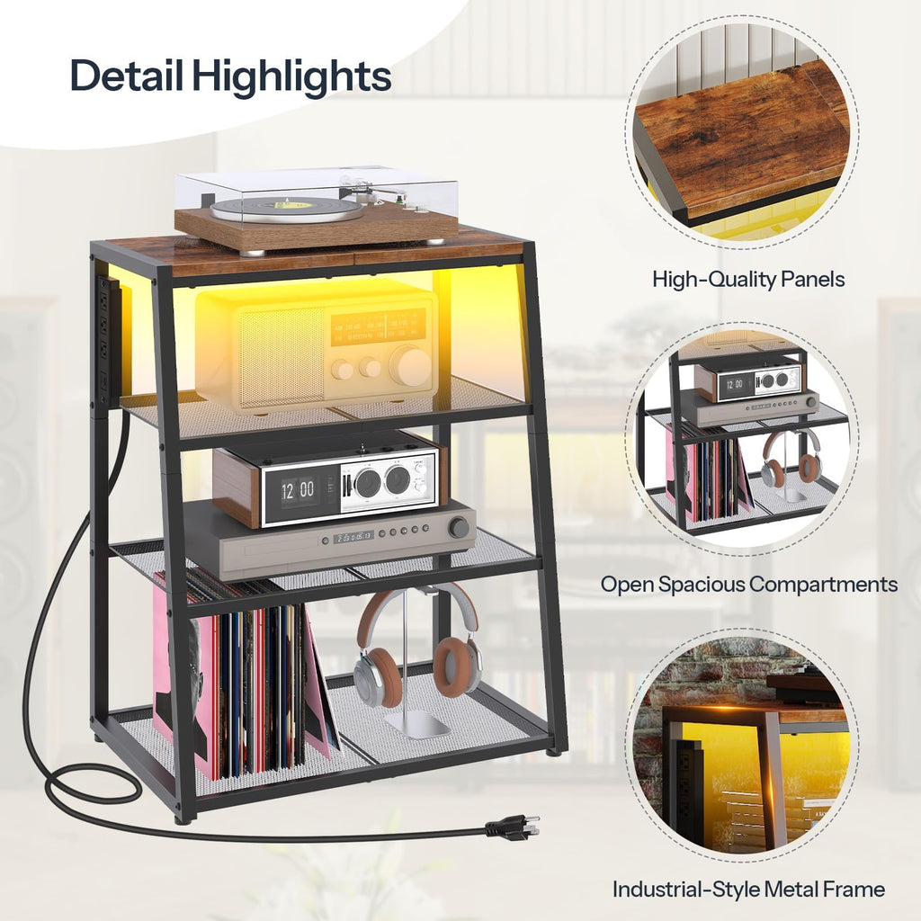 HOOBRO 4-Tier AV Media Stand, Stereo Stand with Charging Station and LED Light, Wooden Stereo Cabinet, Rack Audio Tower, Corner Entertainment Center, 30'', Rustic Brown and Black BF107UDCJ01