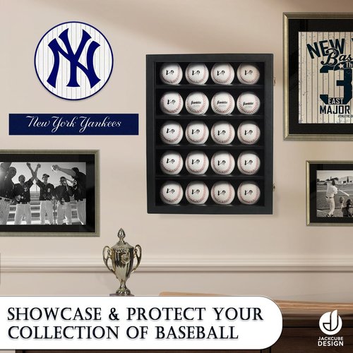 20 Baseball Display Case Wall Mount Leather Cabinet Wood Shelf Sports Storage Acrylic Cover Rack with Protection Dual Lock System (Black, 14.2 x 3.9 x 18 inches) – MK104C