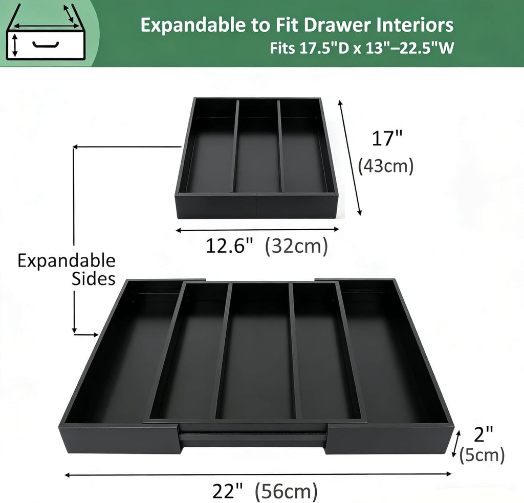 Utoplike Bamboo Drawer Organizer - Adjustable Black Silverware Holder & Cutlery Tray | Expandable Divider for Kitchen & Bedroom