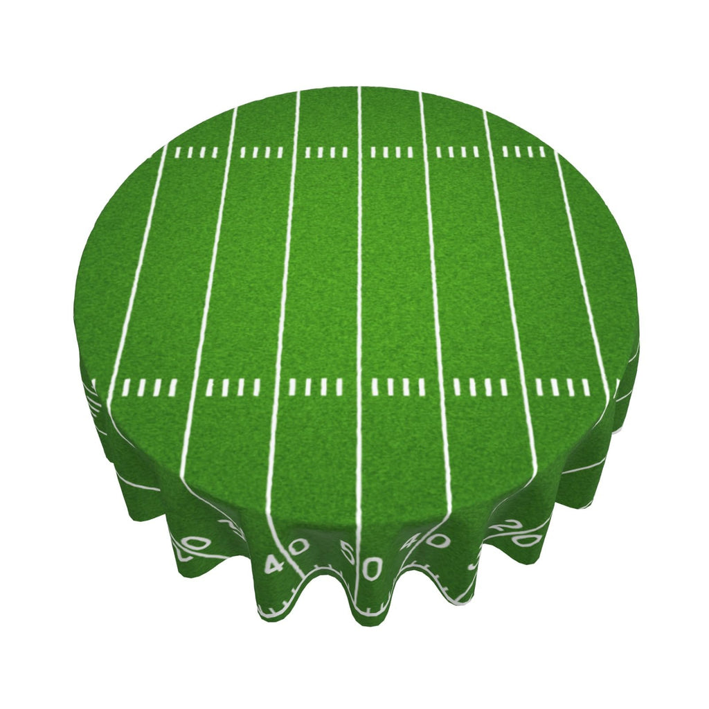 Vrysenium Football Tablecloth Round 60 Inch Green Football Field Table Cloth Circle Sport Themed Table Cover Waterproof Wipeable Polyester Tabletop for Birthday Games Day Party Decorations