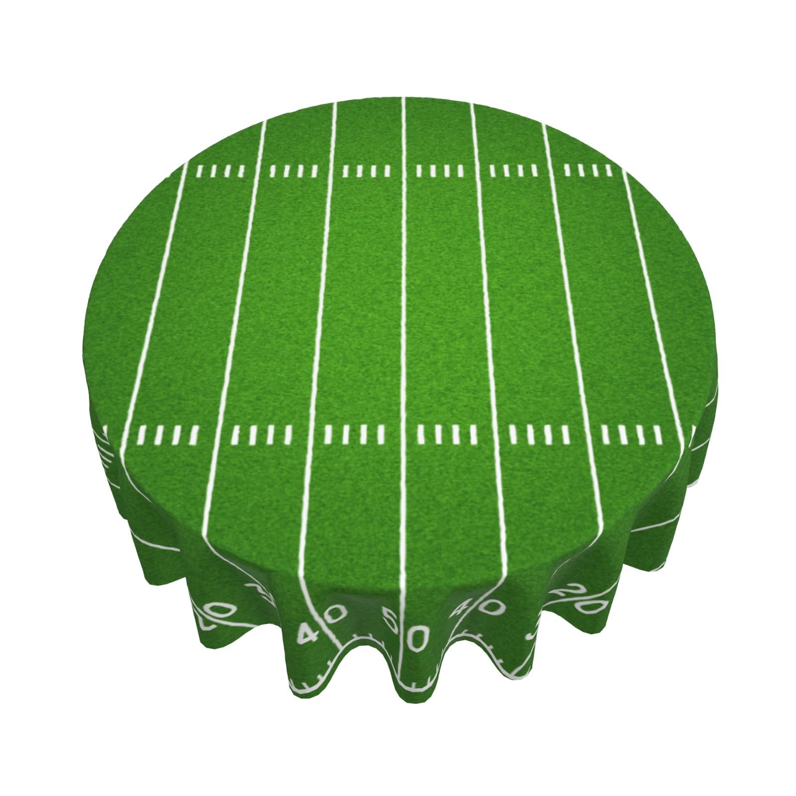 Vrysenium Football Tablecloth Round 60 Inch Green Football Field Table Cloth Circle Sport Themed Table Cover Waterproof Wipeable Polyester Tabletop for Birthday Games Day Party Decorations