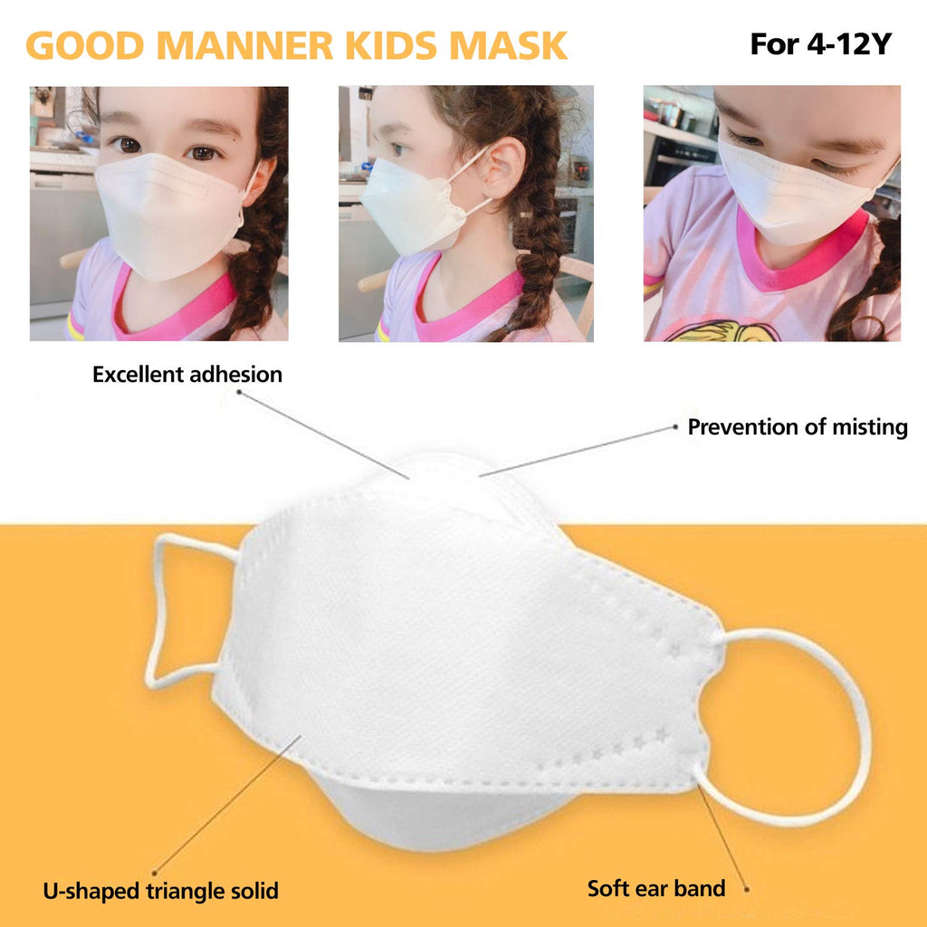 THEPURI KF94 Kids Disposable Face Mask, 100 Pack White, Breathable Mask with Quadruple Filtration System and Skin-Friendly Inner Layer, Soft Ear Band for 4Y-12Y Boys and Girls - Good Manner