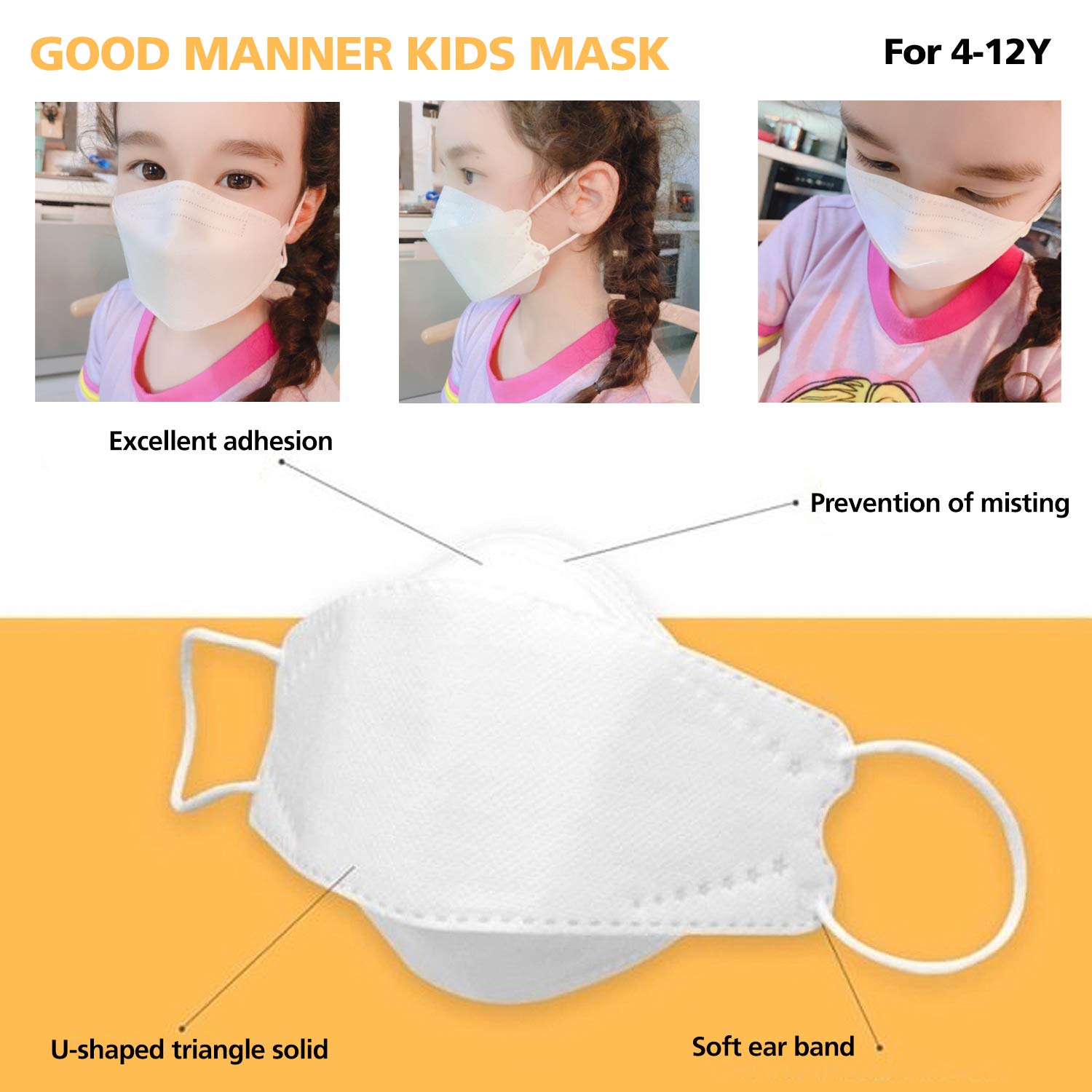 THEPURI KF94 Kids Disposable Face Mask, 100 Pack White, Breathable Mask with Quadruple Filtration System and Skin-Friendly Inner Layer, Soft Ear Band for 4Y-12Y Boys and Girls - Good Manner