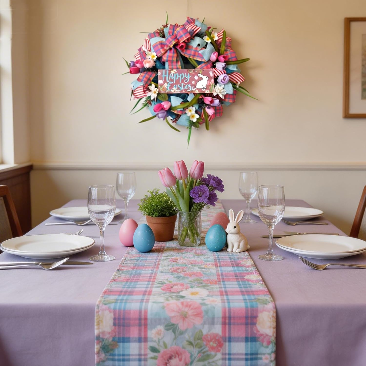 Regine Switzerland 22-Inch Easter Bunny Wreath - Spring Decor with Pink Tulips & Flowers