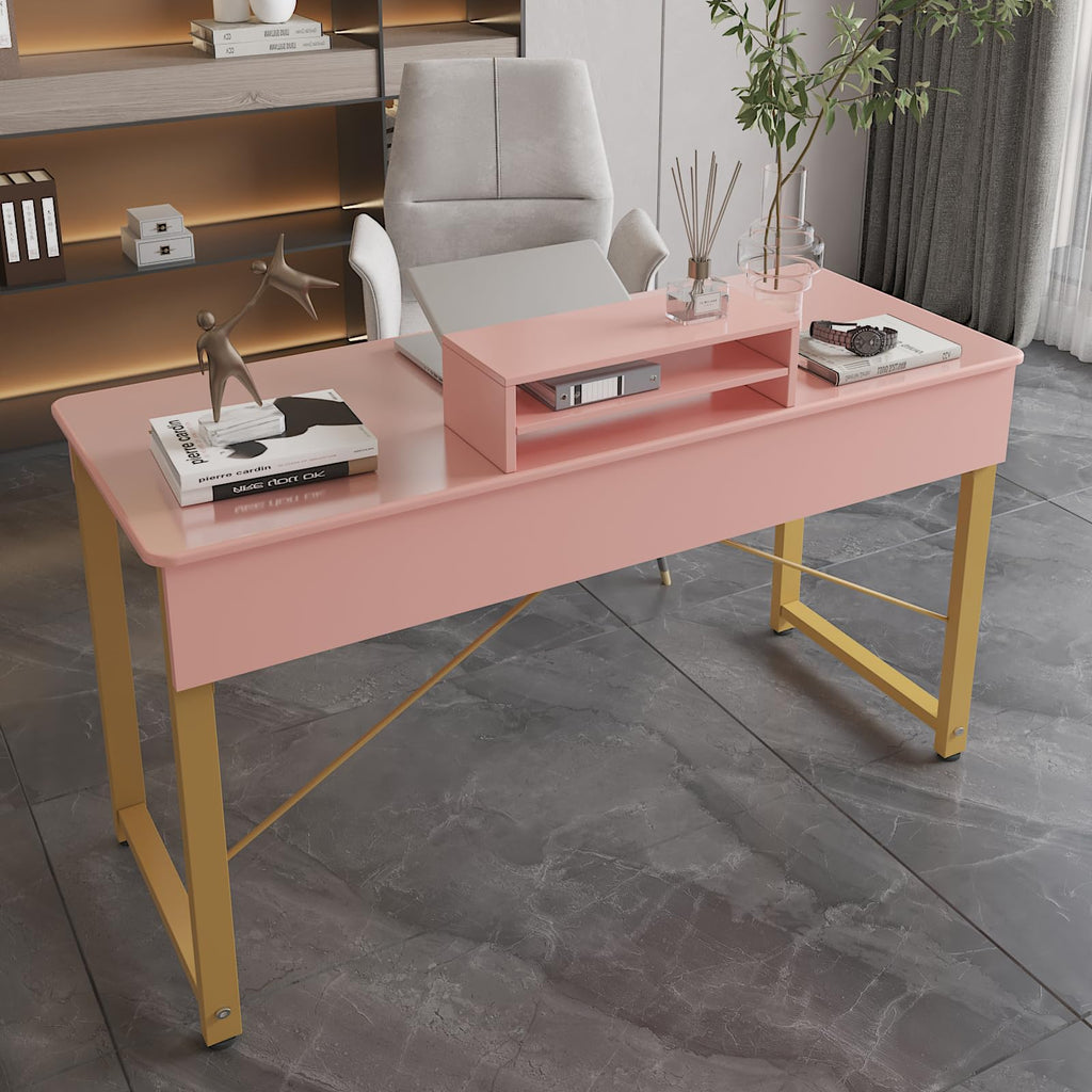 WESTREE Vanity Desk with 2 Drawers and Storage Shelf, Modern Makeup Table with Glossy Desktop, Gold Metal Frame Writing Desk for Bedroom or Home Office, No Mirror