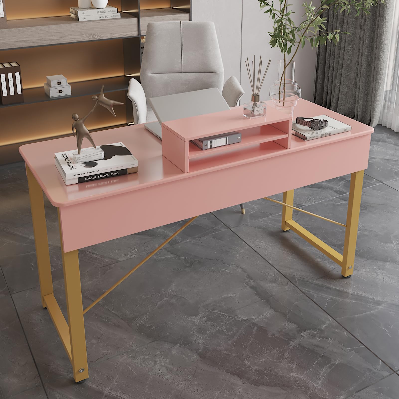 WESTREE Vanity Desk with 2 Drawers and Storage Shelf, Modern Makeup Table with Glossy Desktop, Gold Metal Frame Writing Desk for Bedroom or Home Office, No Mirror