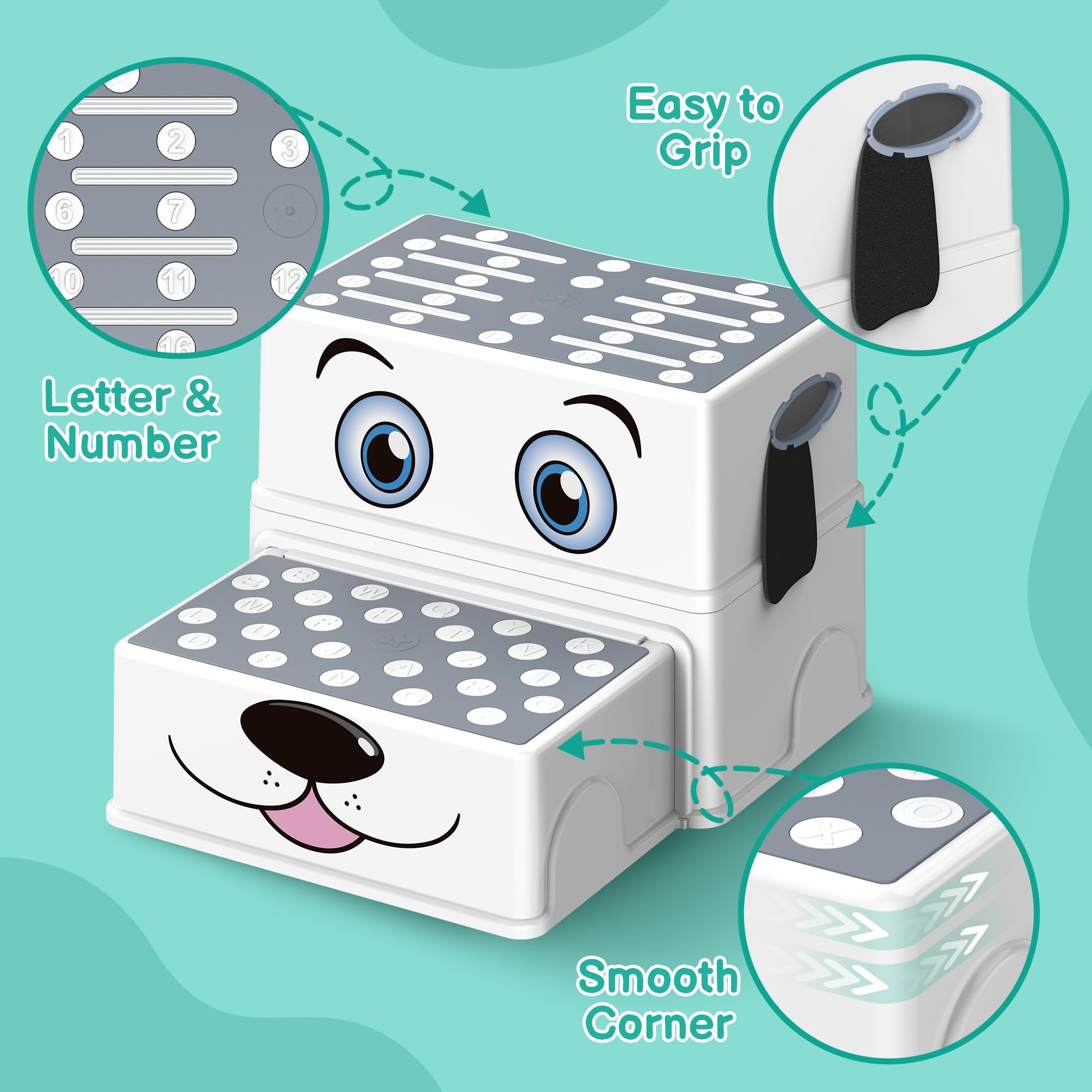 Vorykido Toddler Step Stool for Bathroom Sink, Cartoon Dog 2 Step Stool for Kids, Anti-Slip Kids Stool for Toilet Potty Training & Kitchen, Cute Dog Design Stepping Stool, 2 Pack, Grey