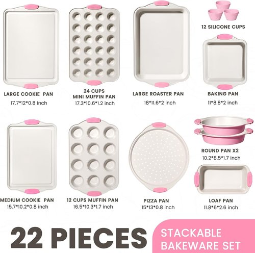 Kikcoin Nonstick Baking Pans Set - 22 PCS Stackable Bakeware with Silicone Handles | 450°F Oven Safe, Pink