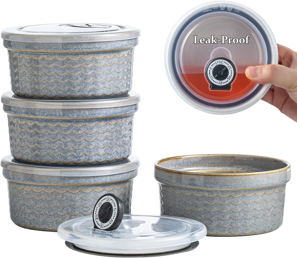 Skiennix Ceramic Baking Dishes - 12oz Meal Prep Containers with Lids | Set of 4 Grey Ripple Ramekins