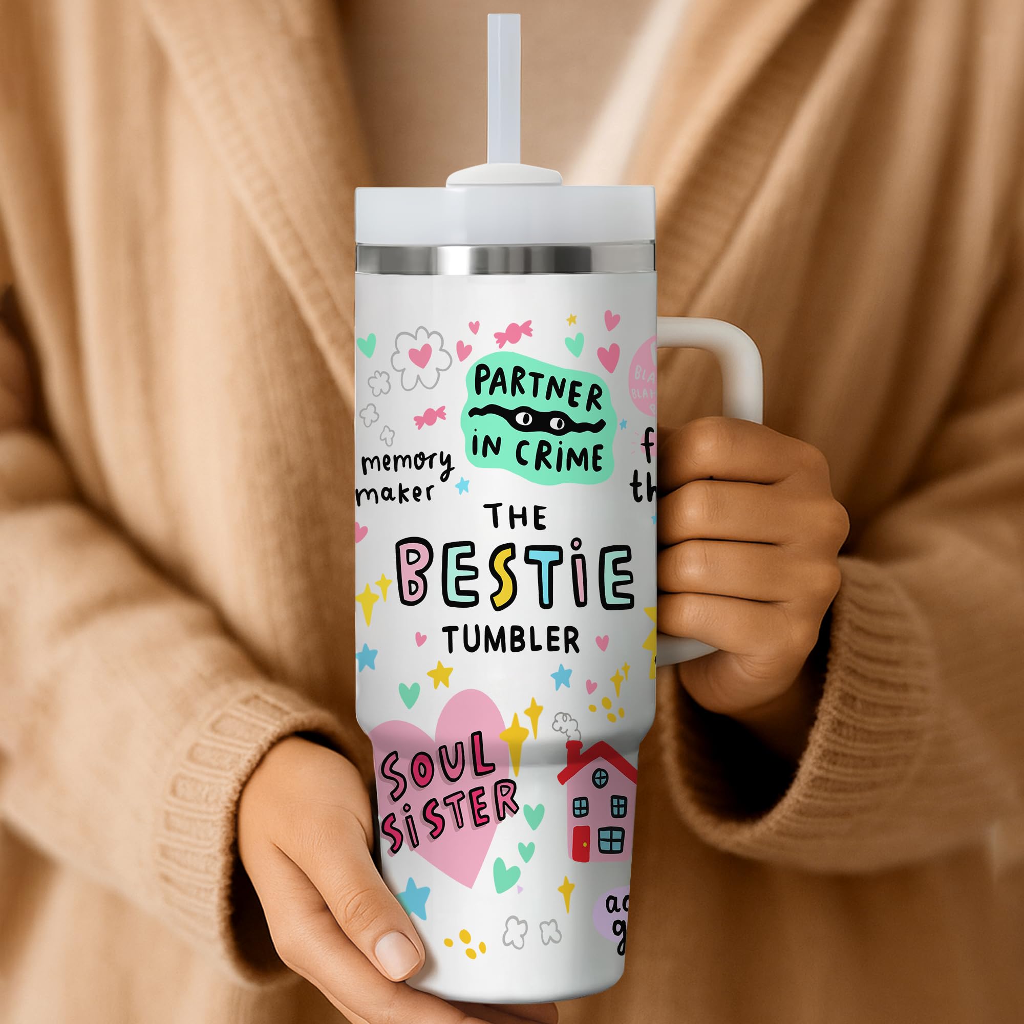 Gossby Bestie Gift for Women - 30oz THE BESTIE TUMBLER - Friend Tumbler for Women - Christmas, Birthday, Friendship Gifts - Funny Best Friend Gift - Stainless Steel Insulated Travel Mug with Handle