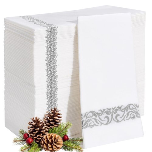 400 PCS Silver Napkins Disposable Hand Towels, Soft and Absorbent Linen Feel Dinner Napkins, White and Silver Paper Napkins, Elegant Decorative Paper Guest Towels for Bathroom Kitchen Wedding Party