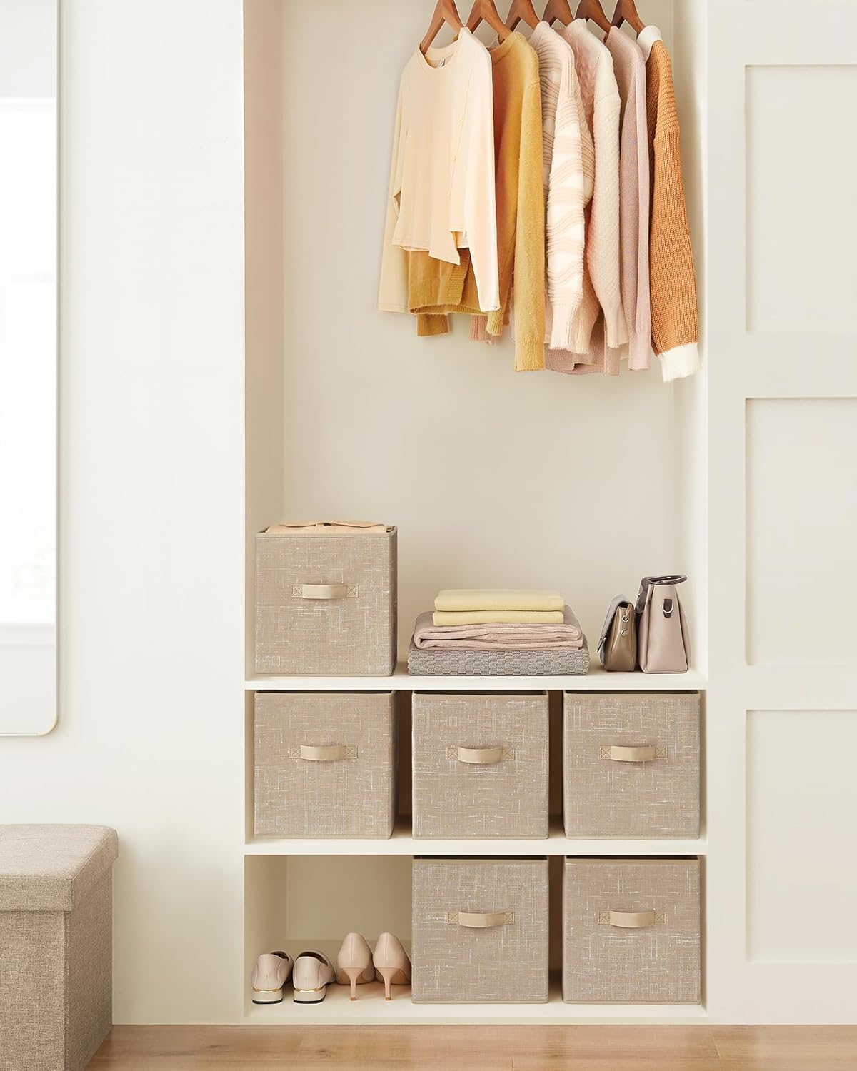 SONGMICS Storage Cubes - 11-Inch Foldable Non-Woven Fabric Bins with Double Handles | Set of 6 in Sand Beige