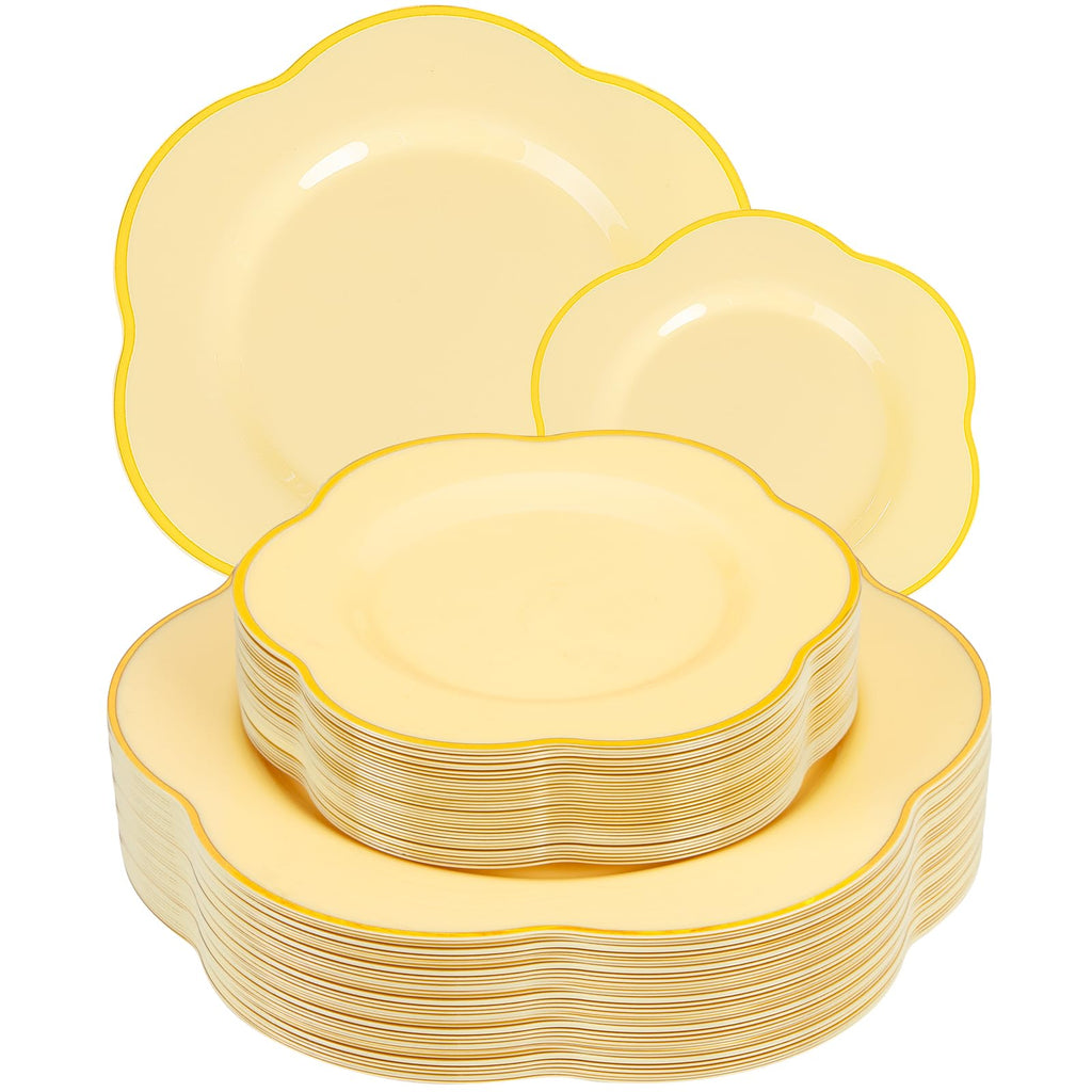 Liacere 50PCS Yellow Plastic Plates - Heavy Duty Disposable -Yellow and Gold Include 25PCS 7inch and 25PCS 10inch Plates for Mothers Day & Baby Shower & Spring & Party
