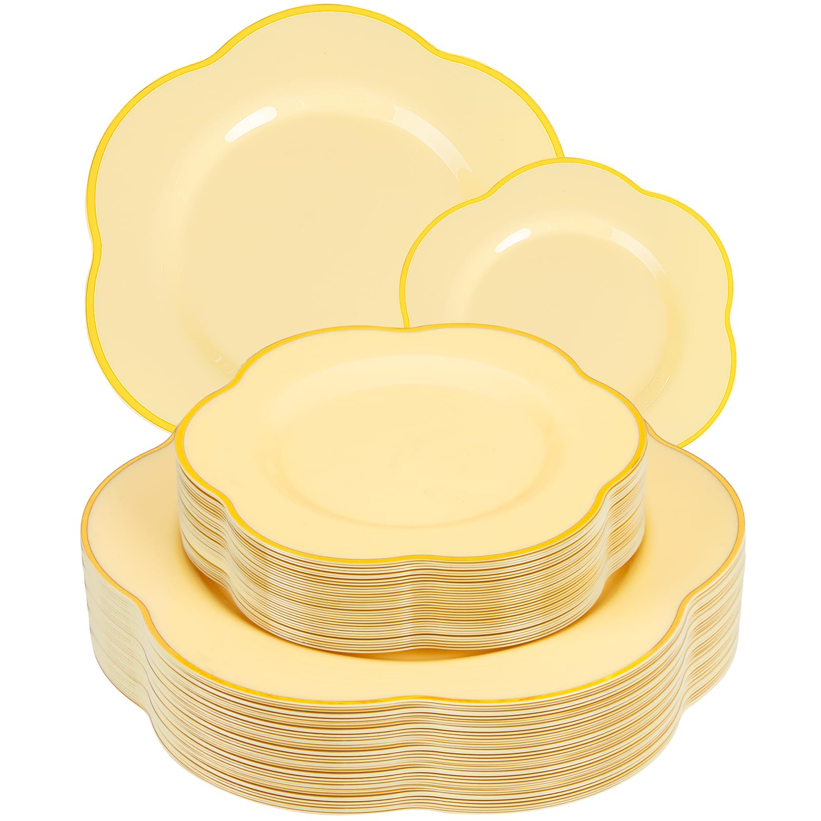 Liacere 50PCS Yellow Plastic Plates - Heavy Duty Disposable -Yellow and Gold Include 25PCS 7inch and 25PCS 10inch Plates for Mothers Day & Baby Shower & Spring & Party