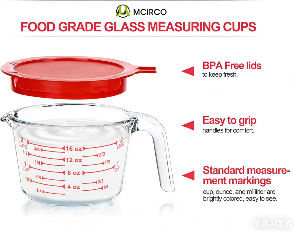 MCIRCO Glass Measuring Cups Set - 6 Pcs with Lids | 1-Cup, 2-Cup, 4-Cup Nesting Jugs for Kitchen Use