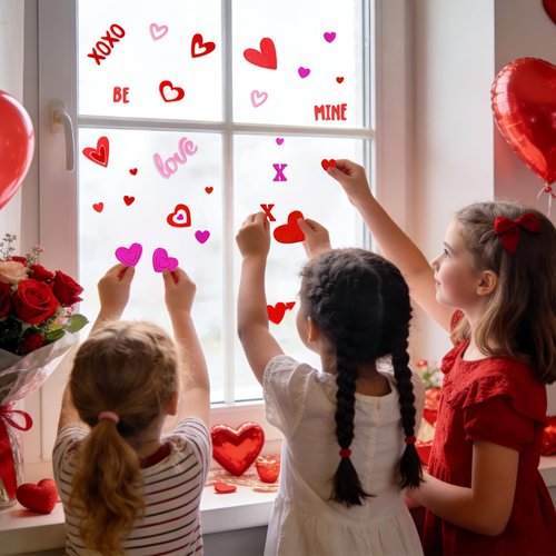 MARFOREVER 6 Sheets Valentine's Day Gel Window Clings, Heart Thick Gel Clings Pink Red Love Themed Valentine Window Stickers Decals for Classroom Office School Home Gift Giving Supplies
