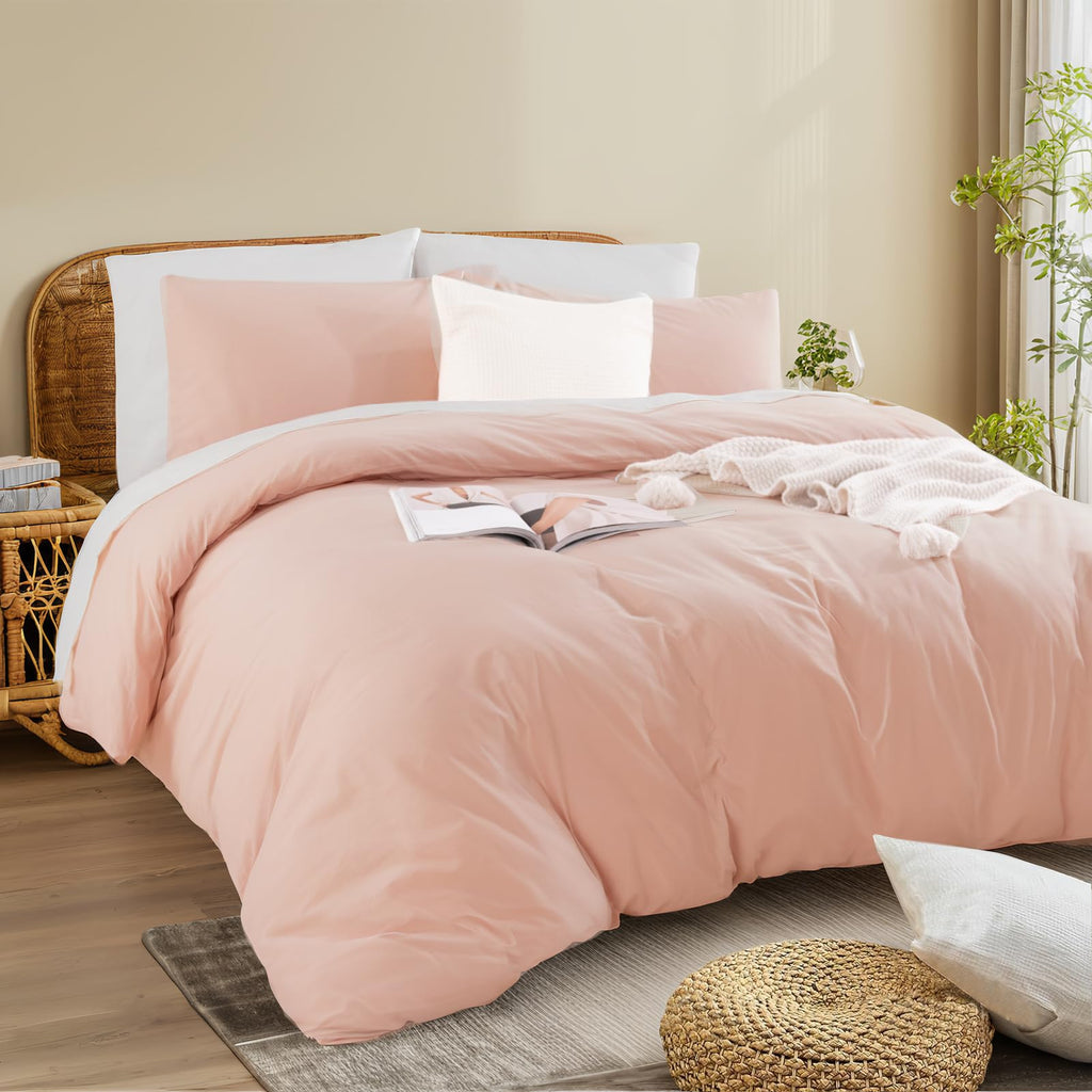 NEXHOME PRO Duvet Cover Set Kids Twin Size Linen Feel Textured Organic Natural 100% Washed Cotton Duvet Cover 2 Pieces Bedding Set with Zipper Closure, Breathable, Dusty Pink(No Comforter)